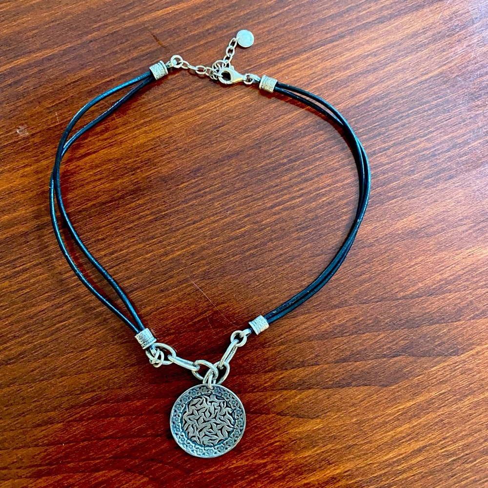 Retired Silpada silver & leather sunburst necklace.